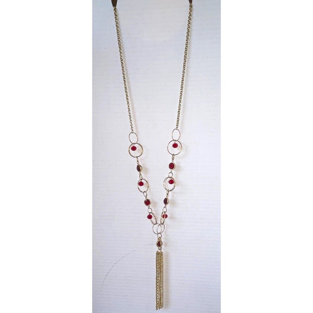 Gold Tone Necklace Red Acrylic Beads Metal Hoops & Chains 40” Full length